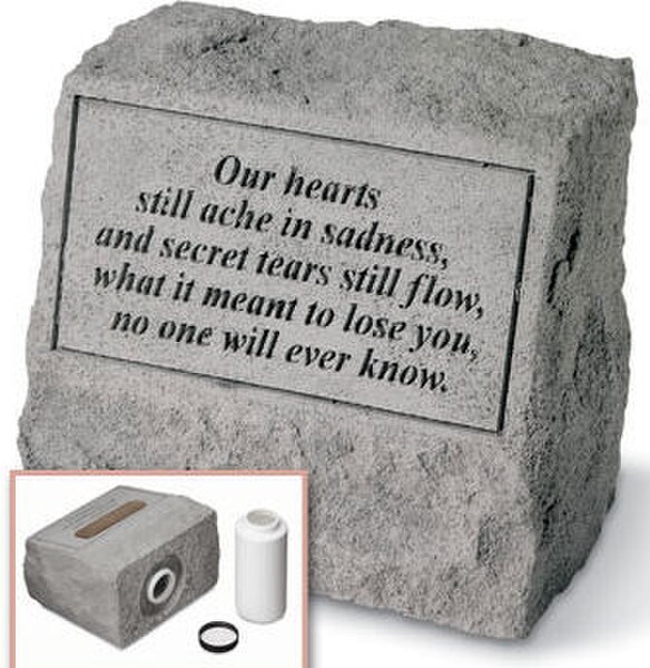 Cast stone pet memorial headstone with poem and slot for note